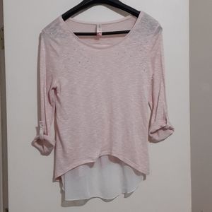 Blush pink quarter sleeve shirt sheer panel back